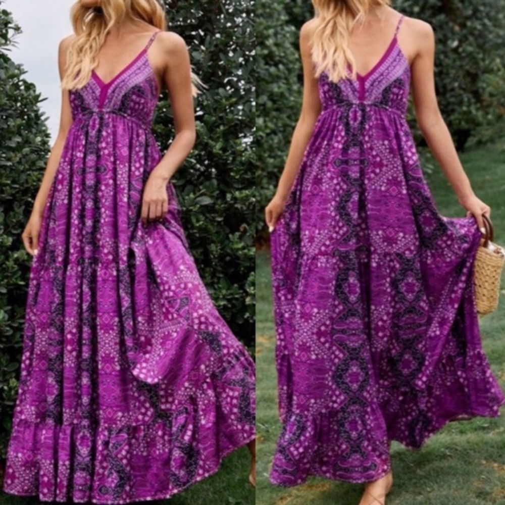 Bohemian Gypsy Purple Ruffle Cami Maxi Dress Floral - Picture 1 of 11